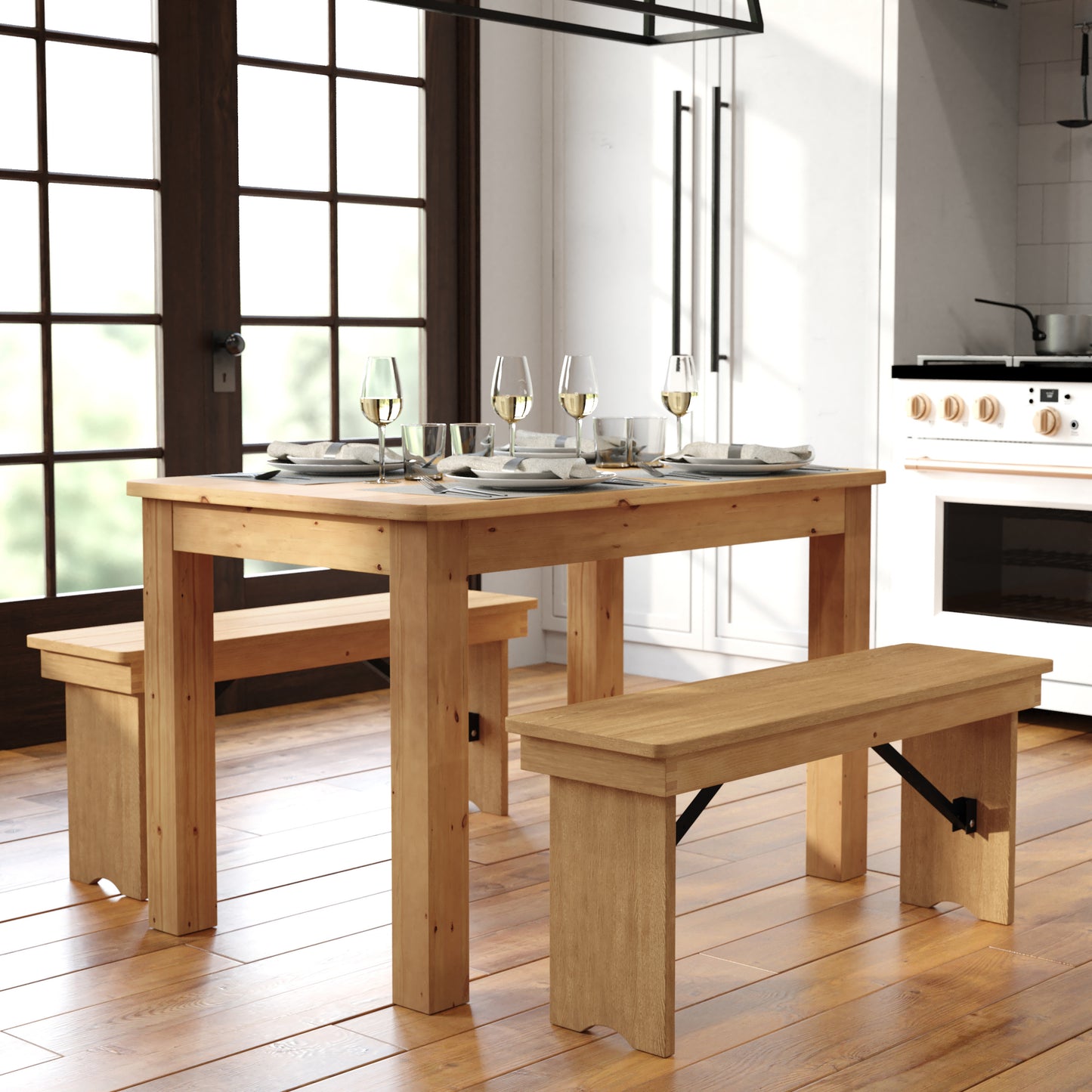 HERCULES 46" x 30" Rectangular Antique Rustic Light Natural Solid Pine Farm Dining Table