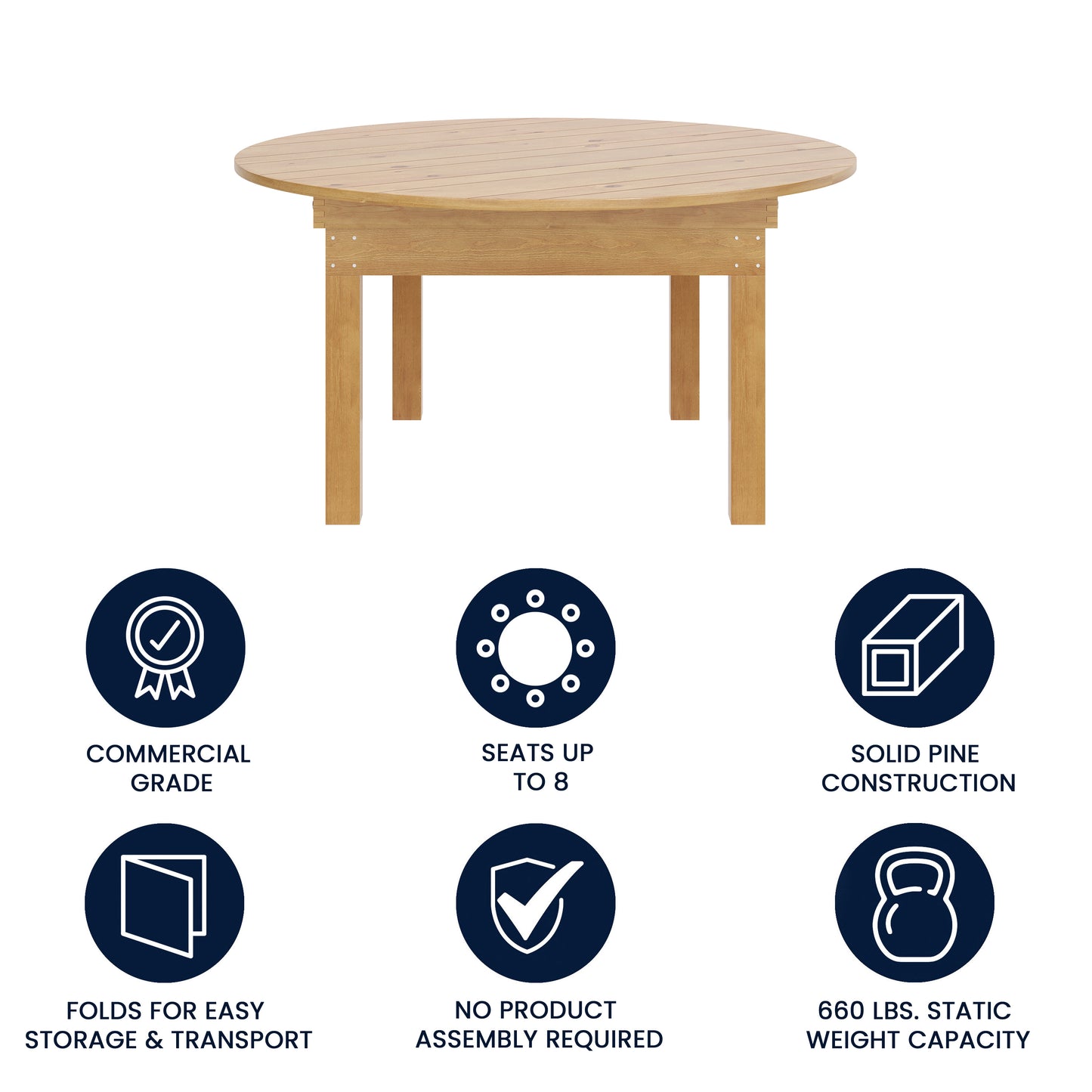 HERCULES 60" Round Light Natural Commercial Farmhouse Folding Table, Antique Rustic Solid Pine Dining Room Table with Foldable Locking Legs