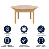 HERCULES 60" Round Light Natural Commercial Farmhouse Folding Table, Antique Rustic Solid Pine Dining Room Table with Foldable Locking Legs