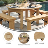 HERCULES 60" Round Light Natural Commercial Farmhouse Folding Table, Antique Rustic Solid Pine Dining Room Table with Foldable Locking Legs