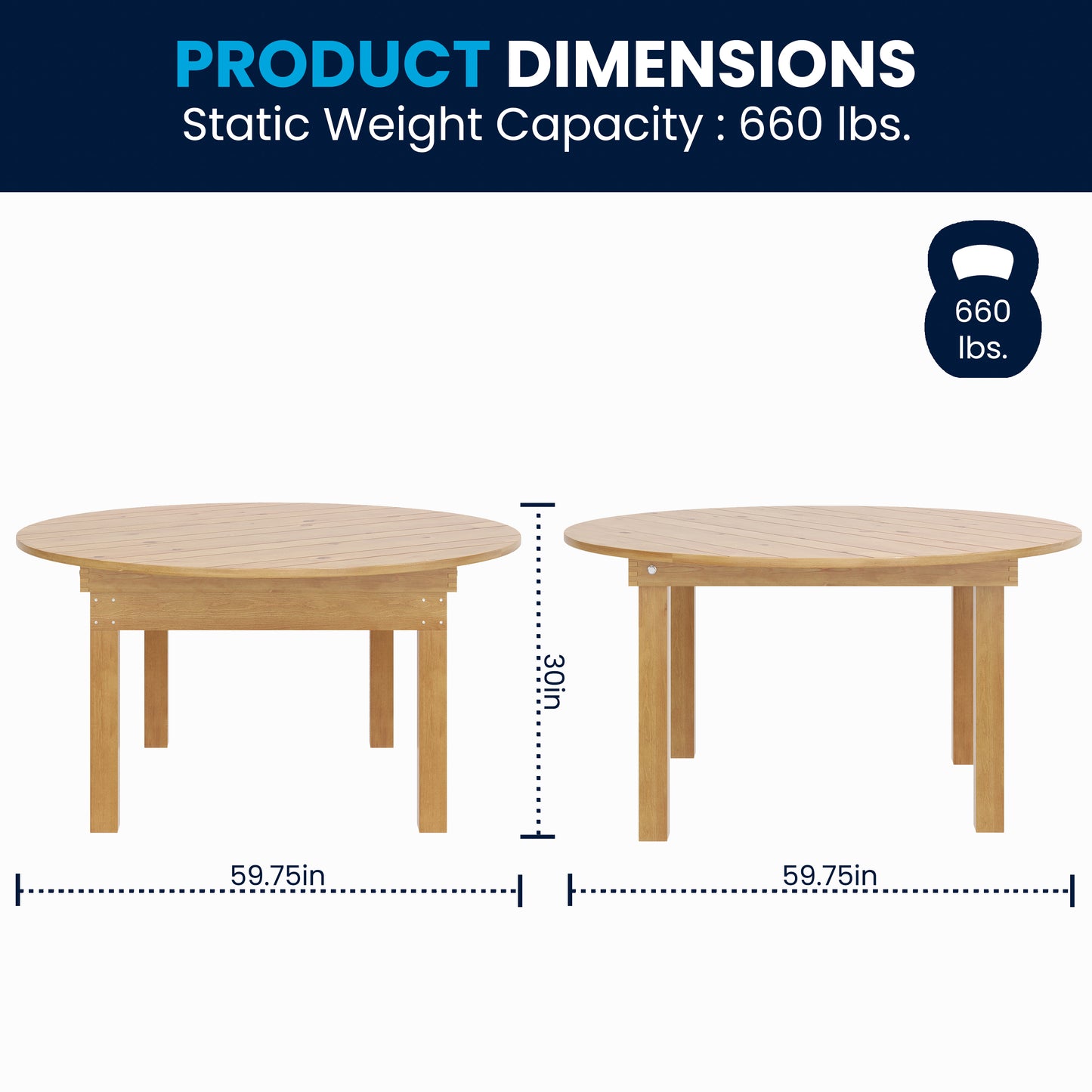 HERCULES 60" Round Light Natural Commercial Farmhouse Folding Table, Antique Rustic Solid Pine Dining Room Table with Foldable Locking Legs