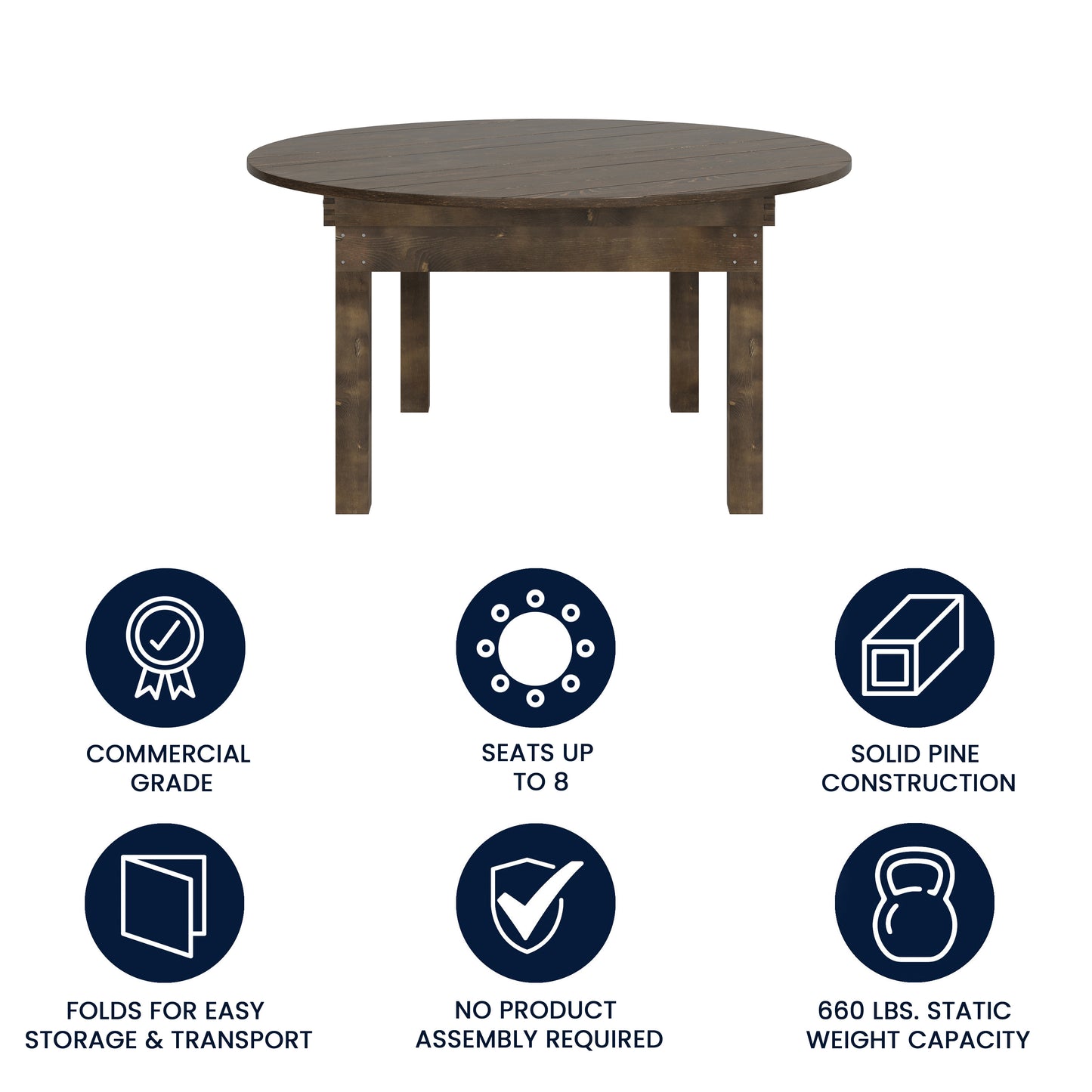 HERCULES 60" Round Mahogany Commercial Farmhouse Folding Table, Antique Rustic Solid Pine Dining Room Table with Foldable Locking Legs