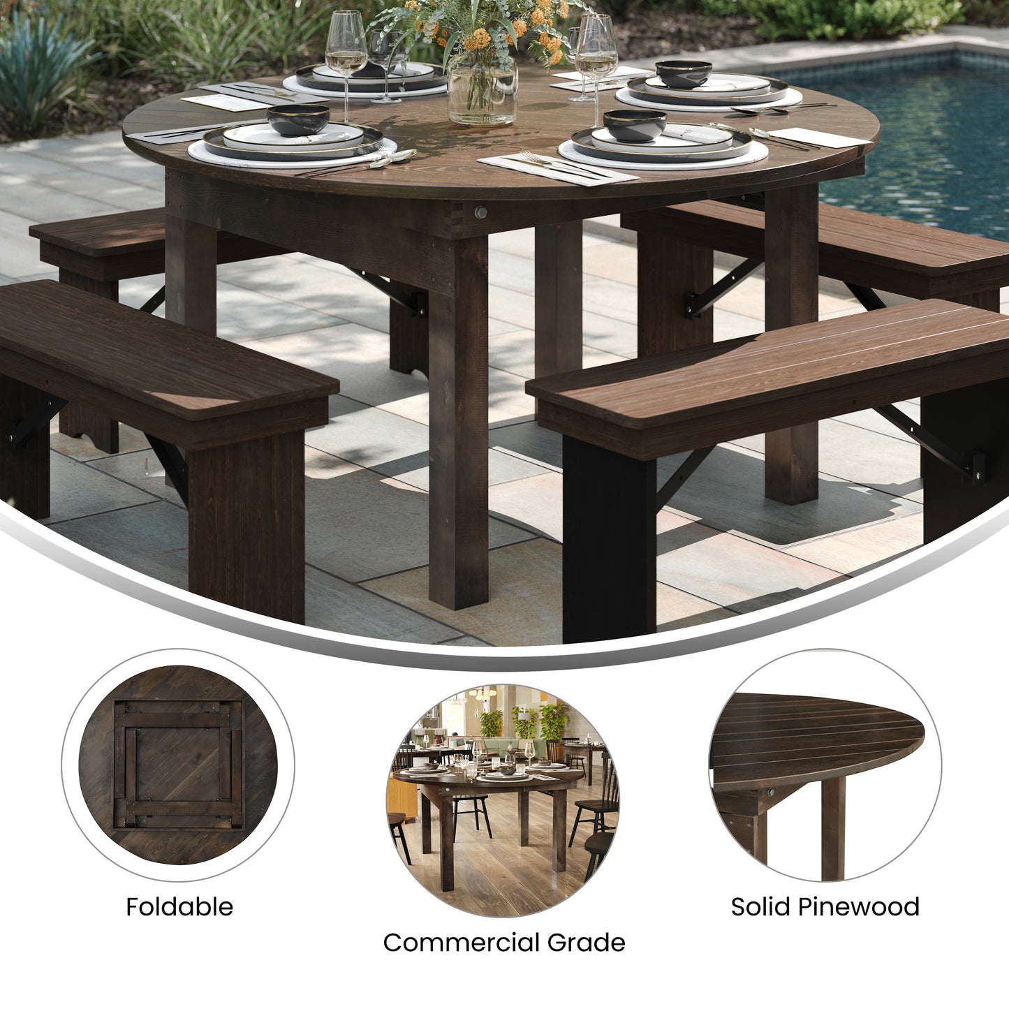 HERCULES 60" Round Mahogany Commercial Farmhouse Folding Table, Antique Rustic Solid Pine Dining Room Table with Foldable Locking Legs