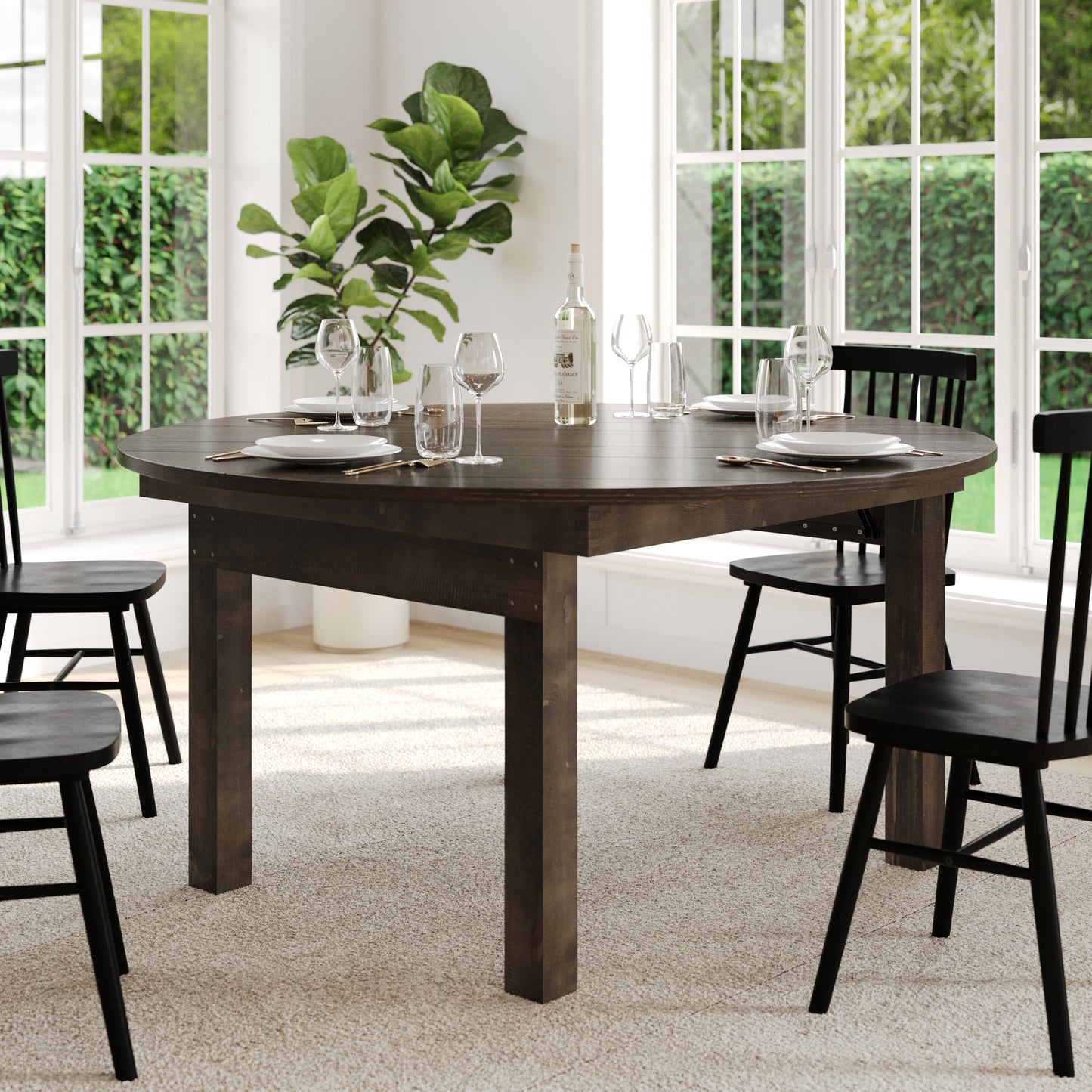 HERCULES 60" Round Mahogany Commercial Farmhouse Folding Table, Antique Rustic Solid Pine Dining Room Table with Foldable Locking Legs