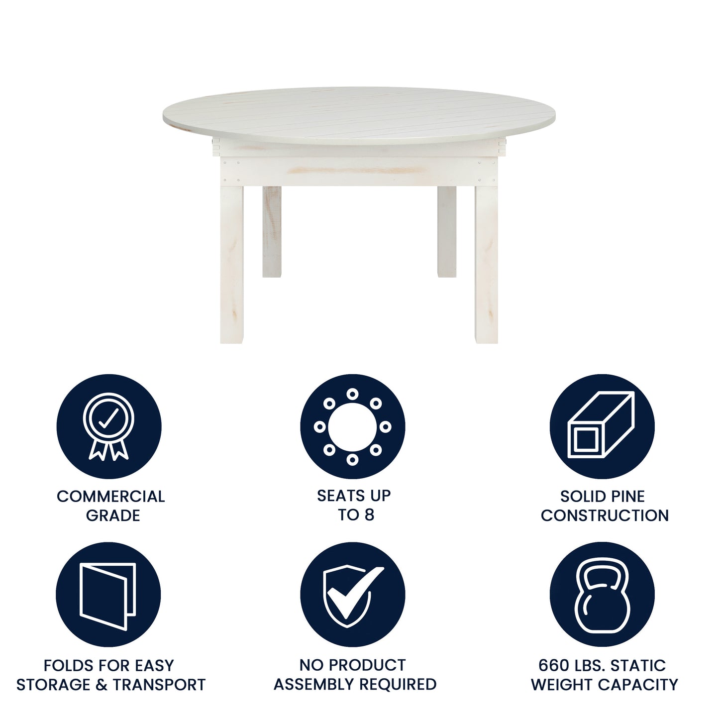 HERCULES 60" Round White Commercial Farmhouse Folding Table, Antique Rustic Solid Pine Dining Room Table with Foldable Locking Legs