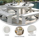 HERCULES 60" Round White Commercial Farmhouse Folding Table, Antique Rustic Solid Pine Dining Room Table with Foldable Locking Legs