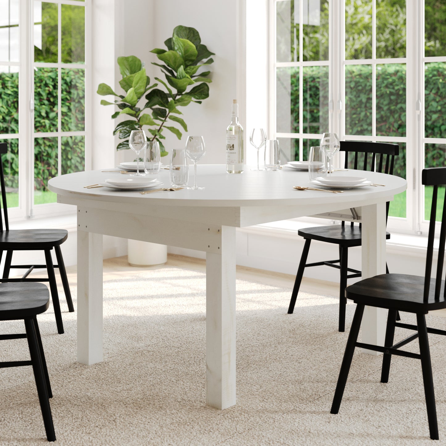 HERCULES 60" Round White Commercial Farmhouse Folding Table, Antique Rustic Solid Pine Dining Room Table with Foldable Locking Legs