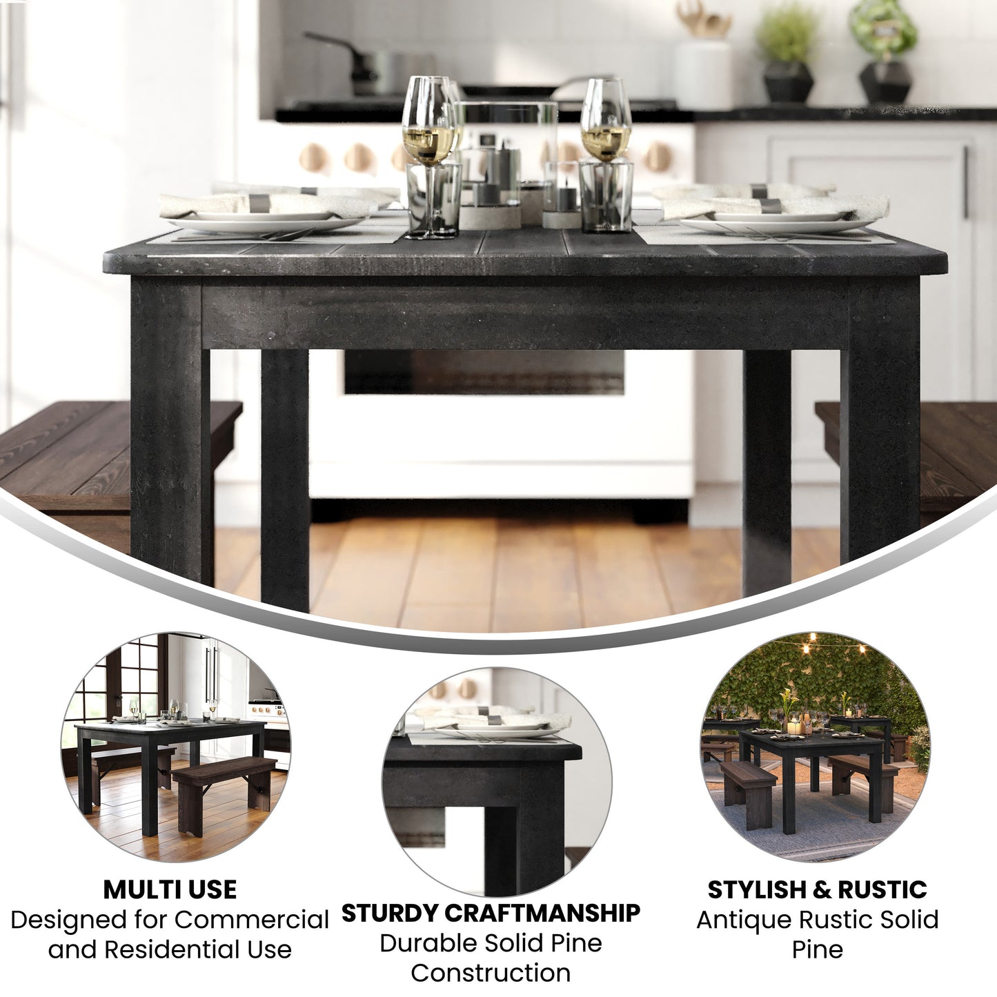 HERCULES 60" x 38" Rectangular Black Wash Solid Pine Farm Dining Table