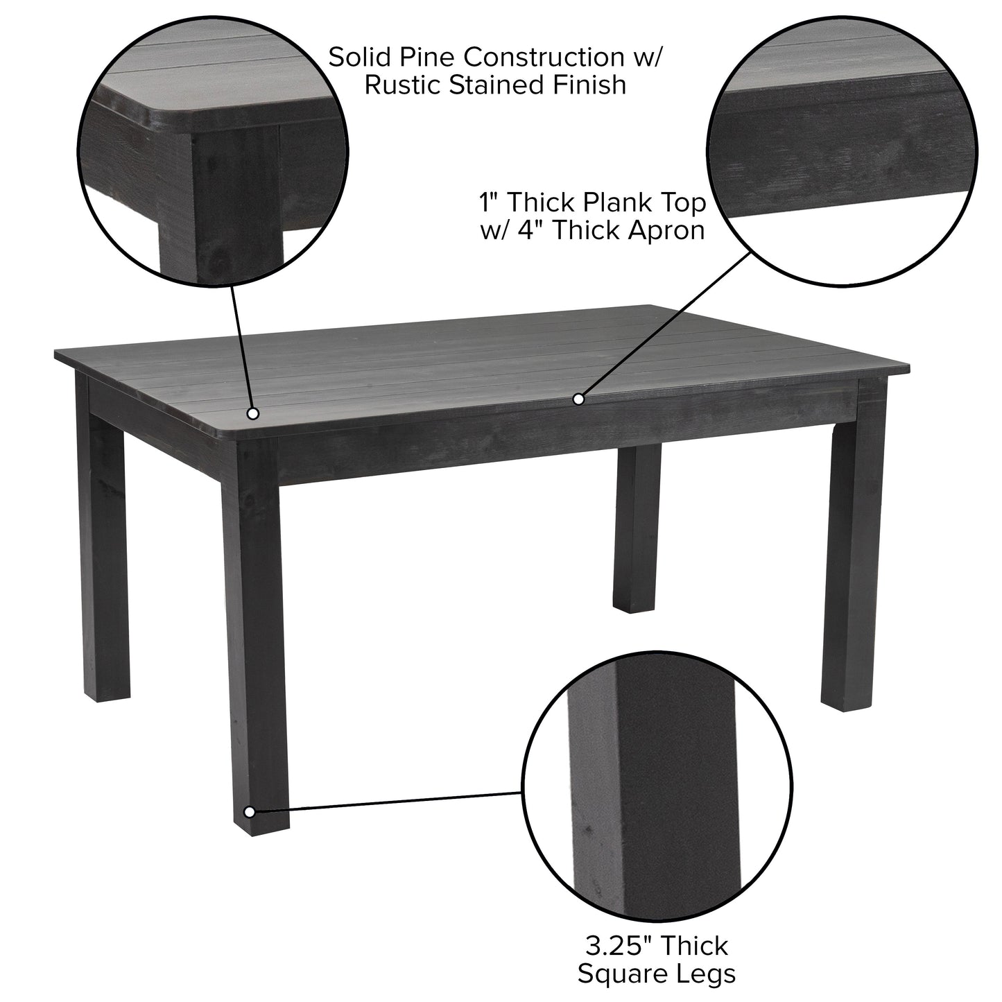 HERCULES 60" x 38" Rectangular Black Wash Solid Pine Farm Dining Table