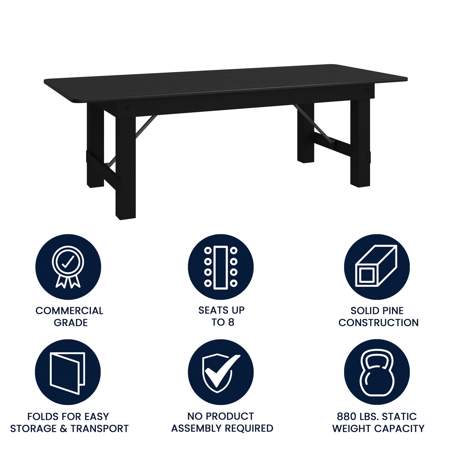 HERCULES 8' x 40" Rectangular Black Wash Commercial Farmhouse Folding Table, Antique Rustic Solid Pine Dining Room Table with Foldable Locking Legs