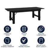 HERCULES 8' x 40" Rectangular Black Wash Commercial Farmhouse Folding Table, Antique Rustic Solid Pine Dining Room Table with Foldable Locking Legs