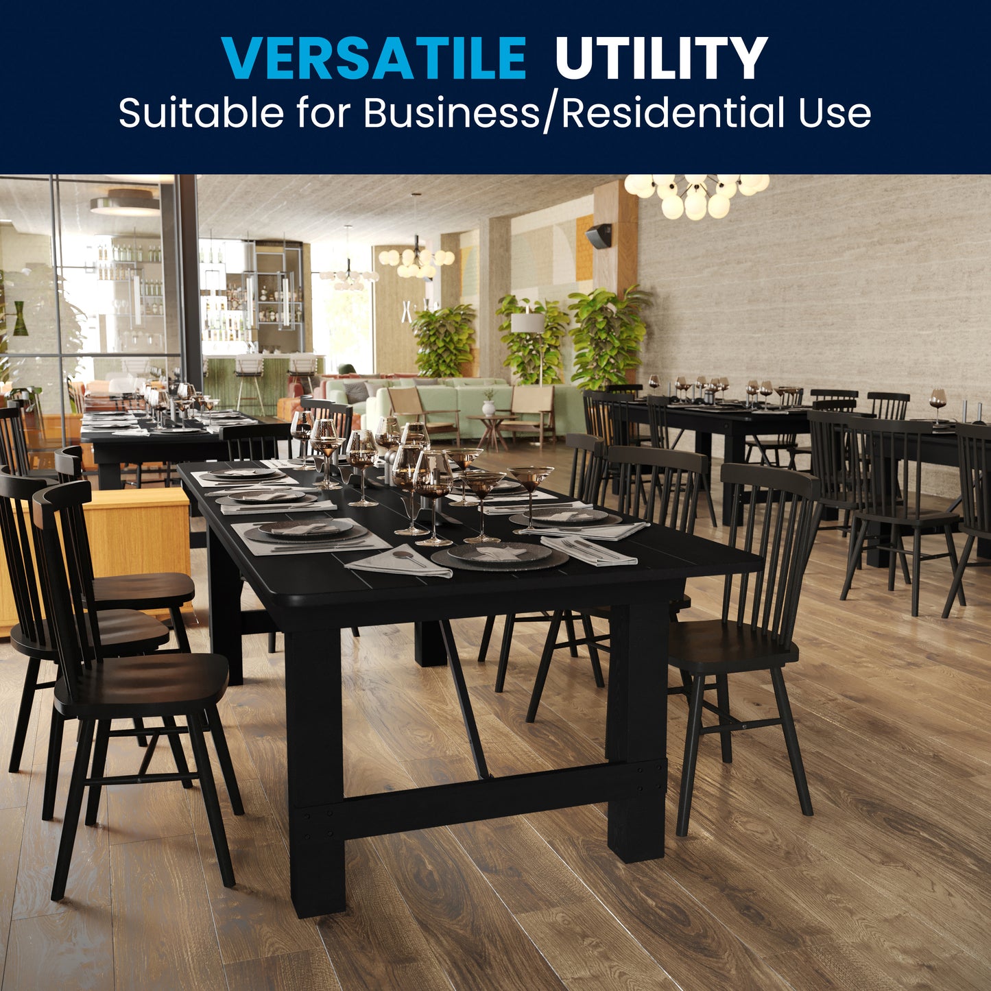 HERCULES 8' x 40" Rectangular Black Wash Commercial Farmhouse Folding Table, Antique Rustic Solid Pine Dining Room Table with Foldable Locking Legs
