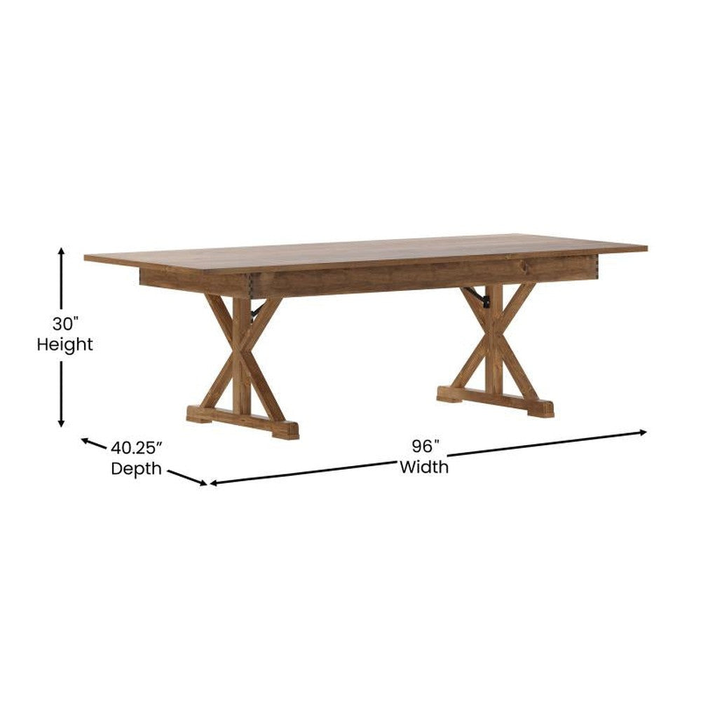 HERCULES 8' x 40" Rectangular Antique Rustic Solid Pine Folding Farm Table with X Legs