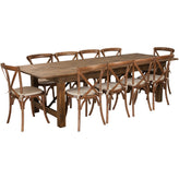 HERCULES Series 9' x 40'' Antique Rustic Folding Farm Table Set with 10 Cross Back Chairs and Cushions