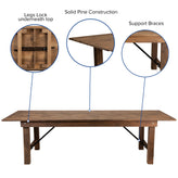 HERCULES Series 9' x 40'' Antique Rustic Folding Farm Table Set with 10 Cross Back Chairs and Cushions