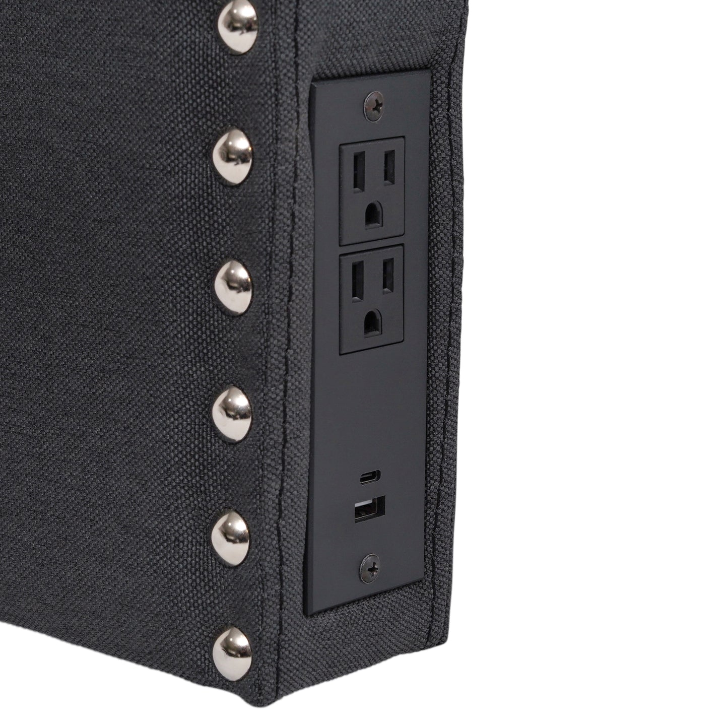 Adeline Contoured Twin Headboard with 2 Power Outlets, 1 USB and 1 USB Type-C Port with Studded Faux Linen Upholstery and Dual Hanging Options, Gray