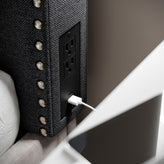 Adeline Contoured Twin Headboard with 2 Power Outlets, 1 USB and 1 USB Type-C Port with Studded Faux Linen Upholstery and Dual Hanging Options, Gray