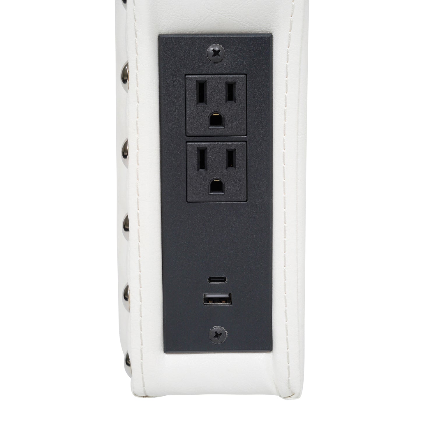 Adeline Contoured Twin Headboard with 2 Power Outlets, 1 USB and 1 USB Type-C Port with Studded LeatherSoft Upholstery and Dual Hanging Options, White
