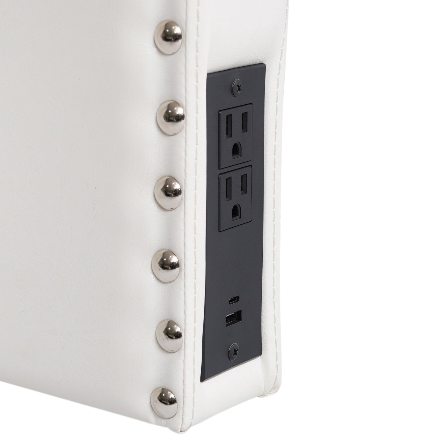 Adeline Contoured Twin Headboard with 2 Power Outlets, 1 USB and 1 USB Type-C Port with Studded LeatherSoft Upholstery and Dual Hanging Options, White