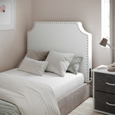 Adeline Contoured Twin Headboard with 2 Power Outlets, 1 USB and 1 USB Type-C Port with Studded LeatherSoft Upholstery and Dual Hanging Options, White