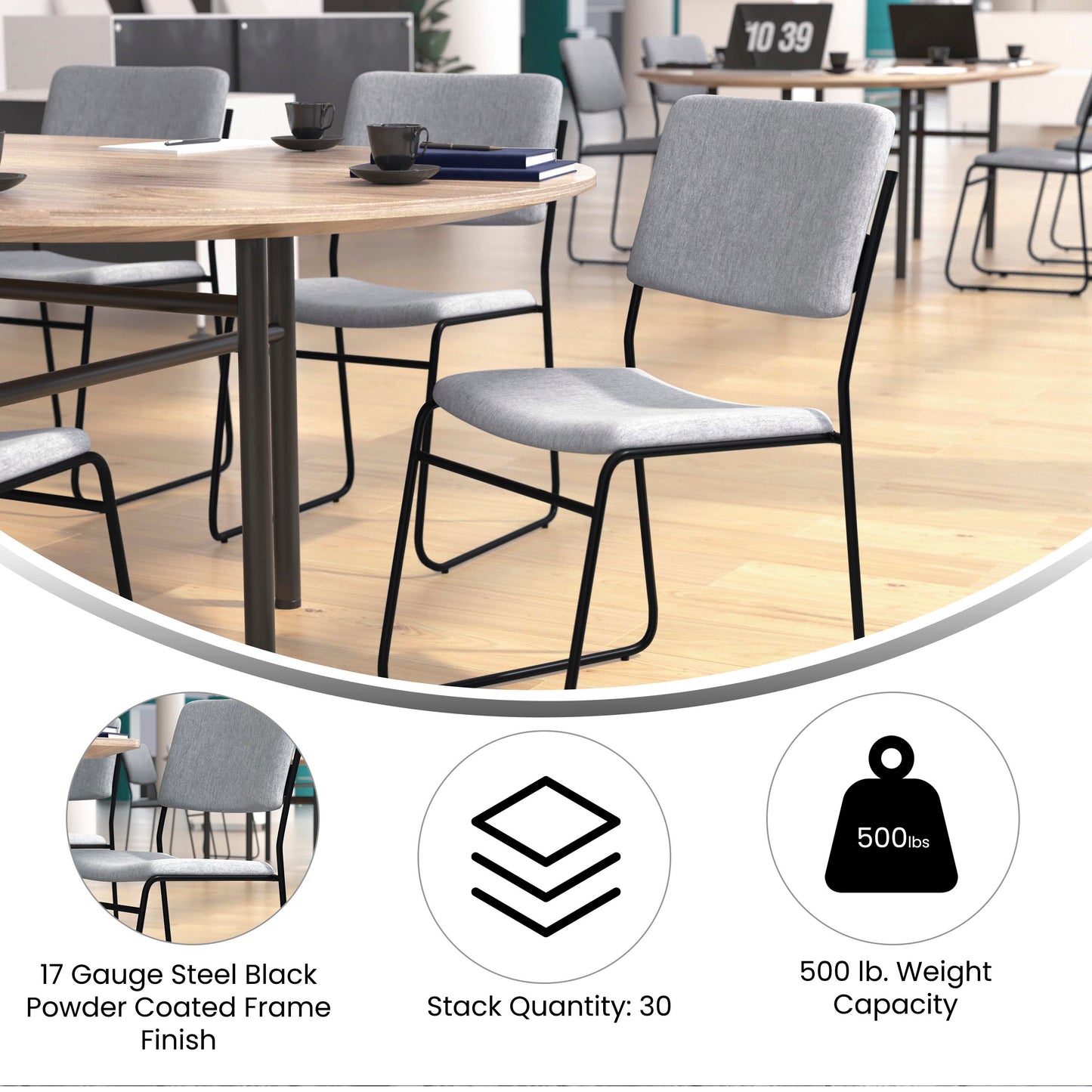 HERCULES Series 500 lb. Capacity High Density Gray Fabric Stacking Chair with Sled Base