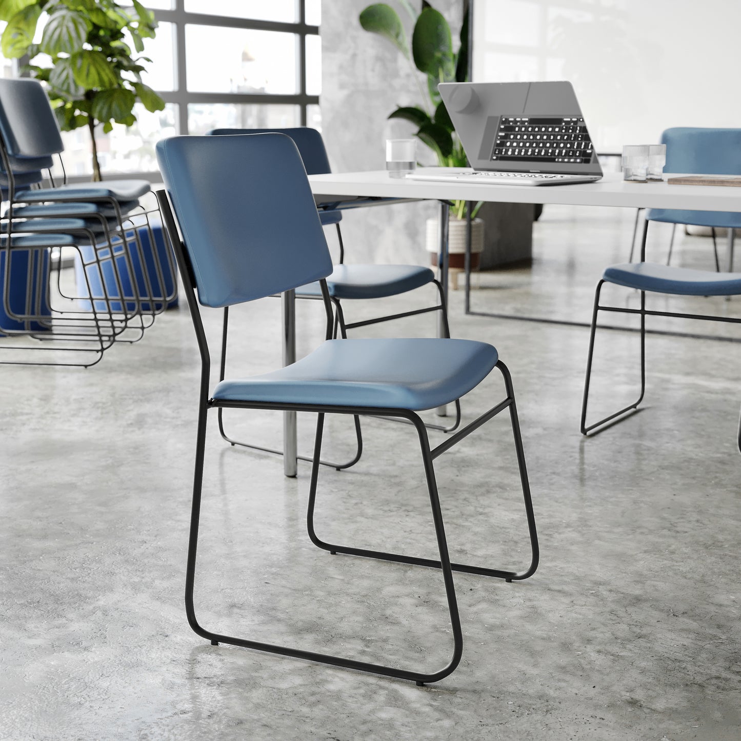 HERCULES 500 lb. Capacity High Density Navy Vinyl Stacking Chair with Sled Base
