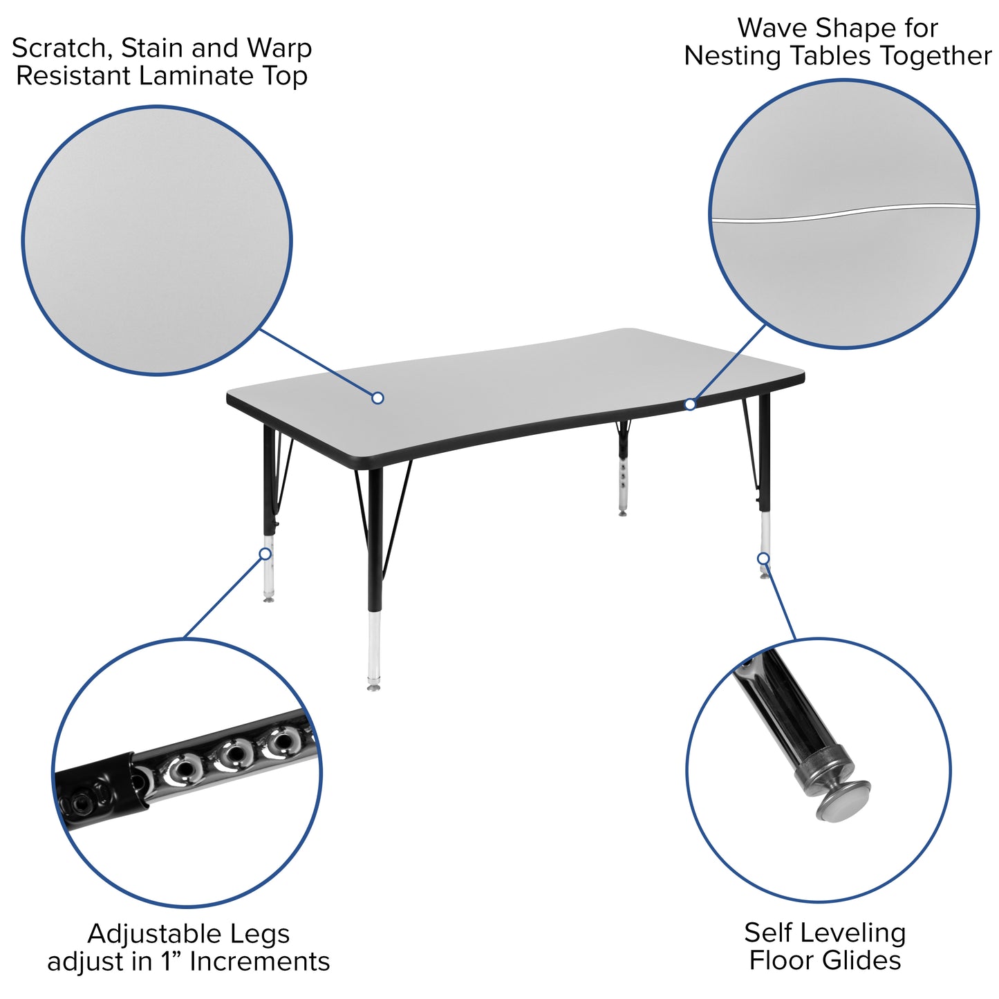 Wren 28"W x 47.5"L Rectangle Wave Flexible Collaborative Grey Thermal Laminate Activity Table - Height Adjust Short Legs