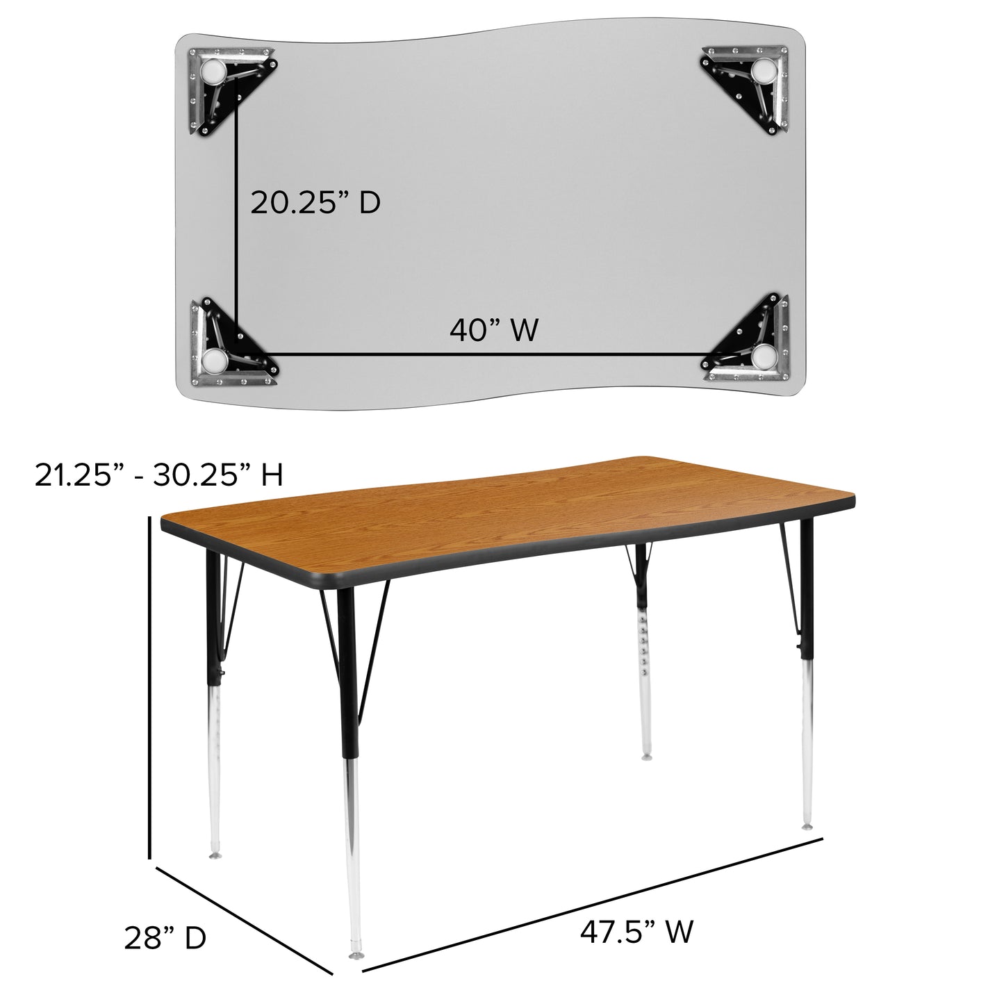 Wren 28"W x 47.5"L Rectangular Wave Flexible Collaborative Oak Finish Laminate Activity Table - Standard Height Adjust Legs