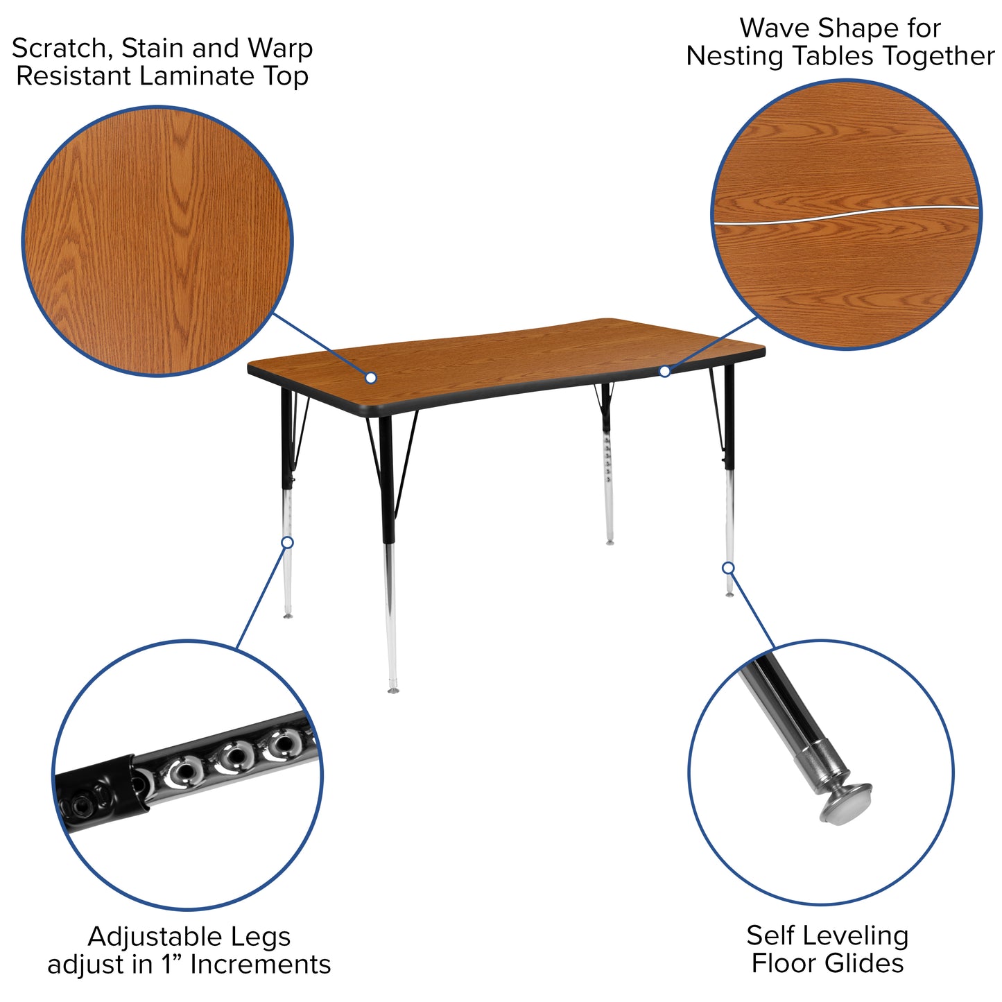 Wren 28"W x 47.5"L Rectangular Wave Flexible Collaborative Oak Finish Laminate Activity Table - Standard Height Adjust Legs