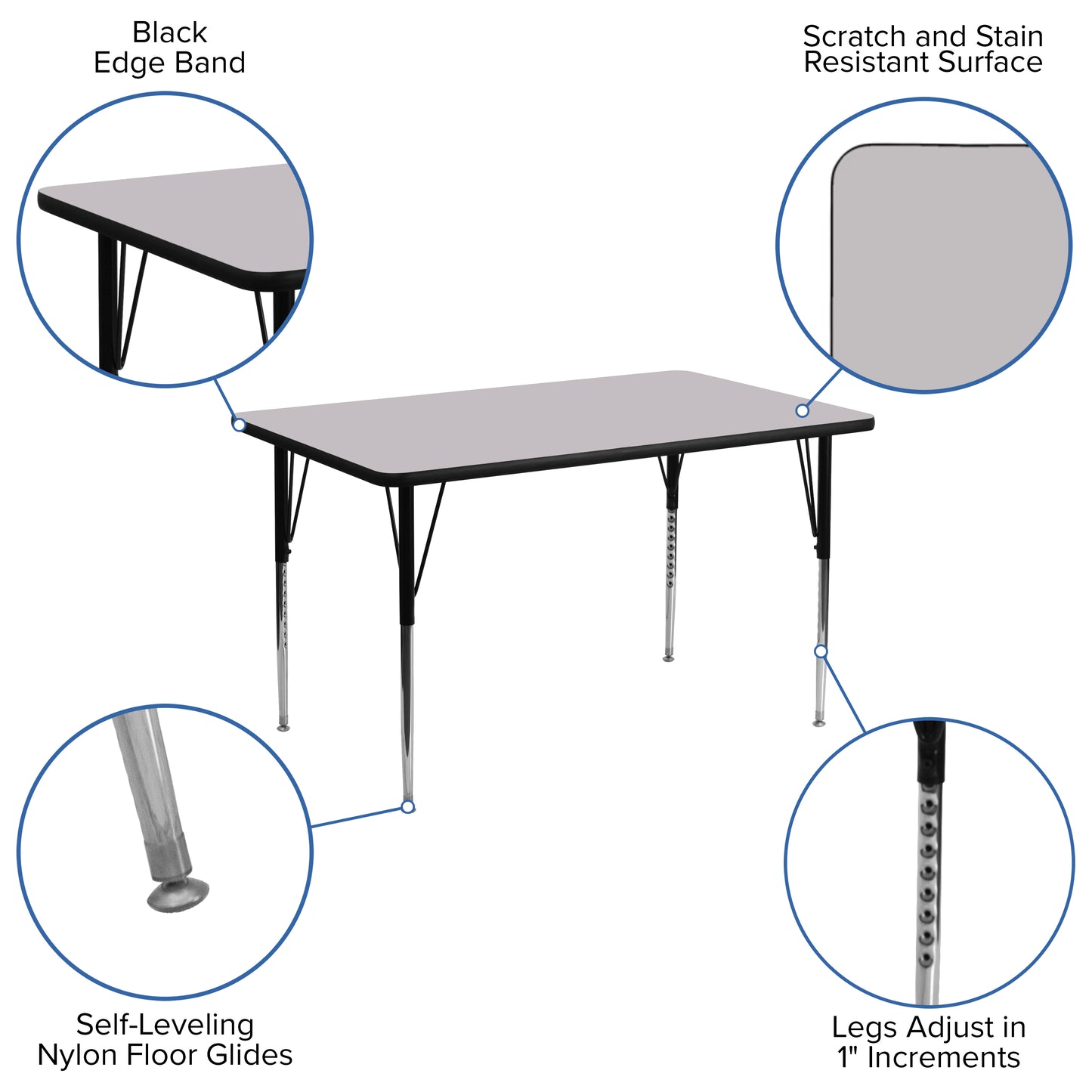 Wren 30''W x 48''L Rectangular Grey Thermal Laminate Activity Table - Standard Height Adjustable Legs