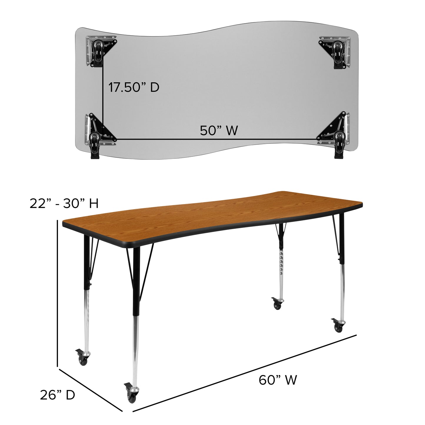 Wren Mobile 26"W x 60"L Rectangle Wave Flexible Collaborative Oak Laminate Activity Table - Standard Height Adjust Legs