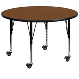 Wren Mobile 42'' Round Oak HP Laminate Activity Table - Height Adjustable Short Legs