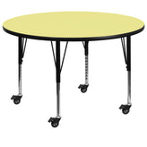 Wren Mobile 42'' Round Yellow Thermal Laminate Activity Table - Height Adjustable Short Legs
