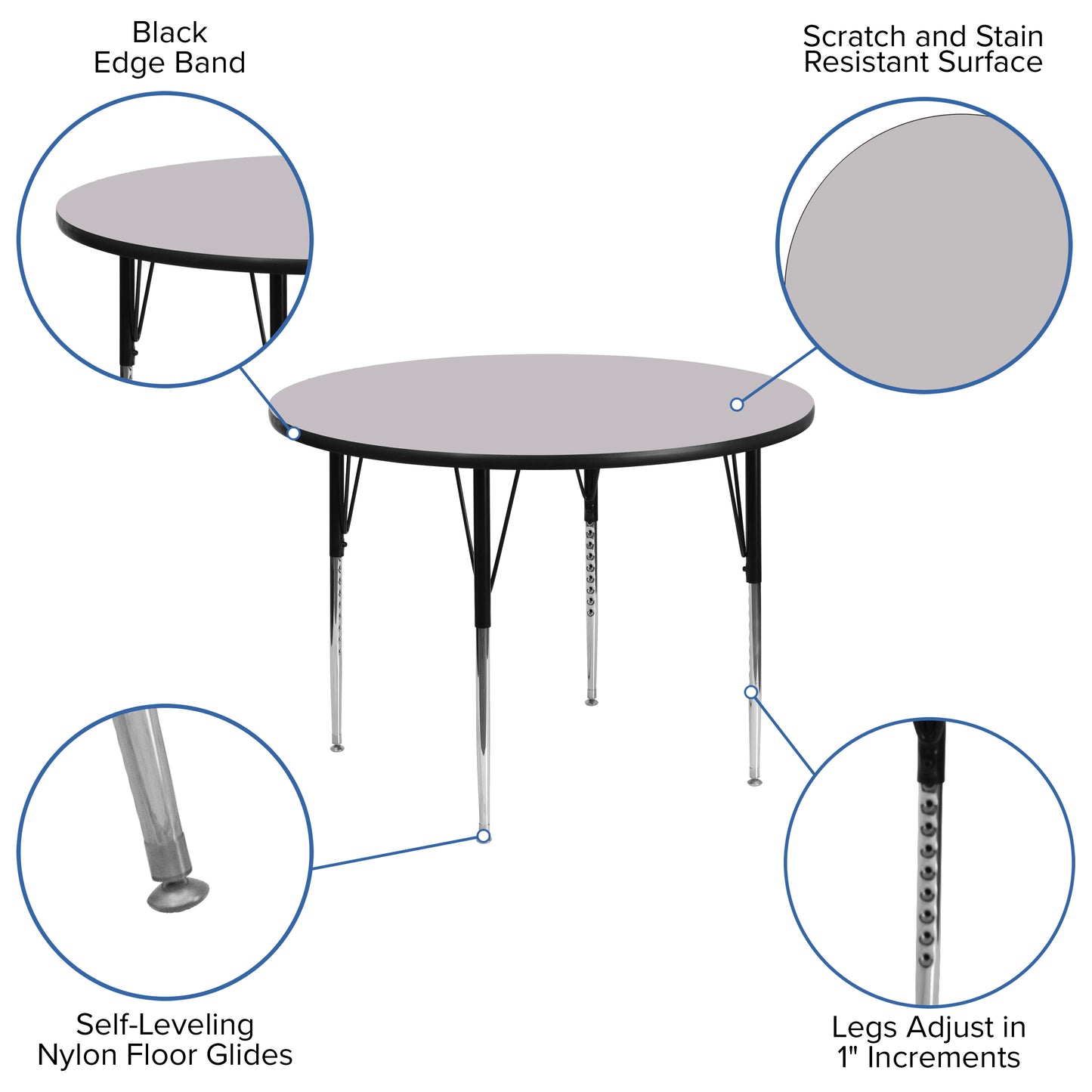 Wren 48'' Round Grey Thermal Laminate Activity Table - Standard Height Adjustable Legs