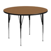 Wren 48'' Round Oak Thermal Laminate Activity Table - Standard Height Adjustable Legs
