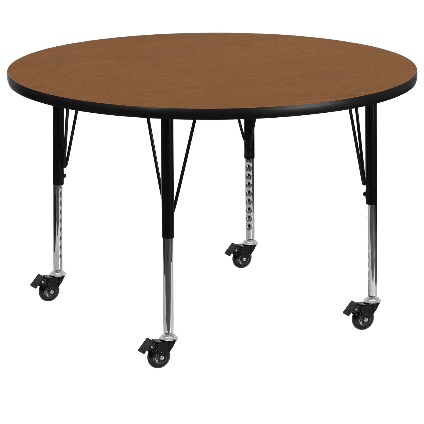 Wren Mobile 48'' Round Oak Thermal Laminate Activity Table - Height Adjustable Short Legs