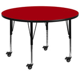 Wren Mobile 48'' Round Red Thermal Laminate Activity Table - Height Adjustable Short Legs