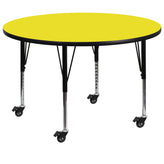 Wren Mobile 48'' Round Yellow HP Laminate Activity Table - Height Adjustable Short Legs
