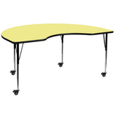 Wren Mobile 48''W x 72''L Kidney Yellow Thermal Laminate Activity Table - Standard Height Adjustable Legs