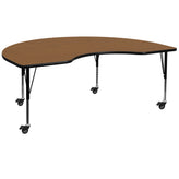 Wren Mobile 48''W x 96''L Kidney Oak Thermal Laminate Activity Table - Height Adjustable Short Legs