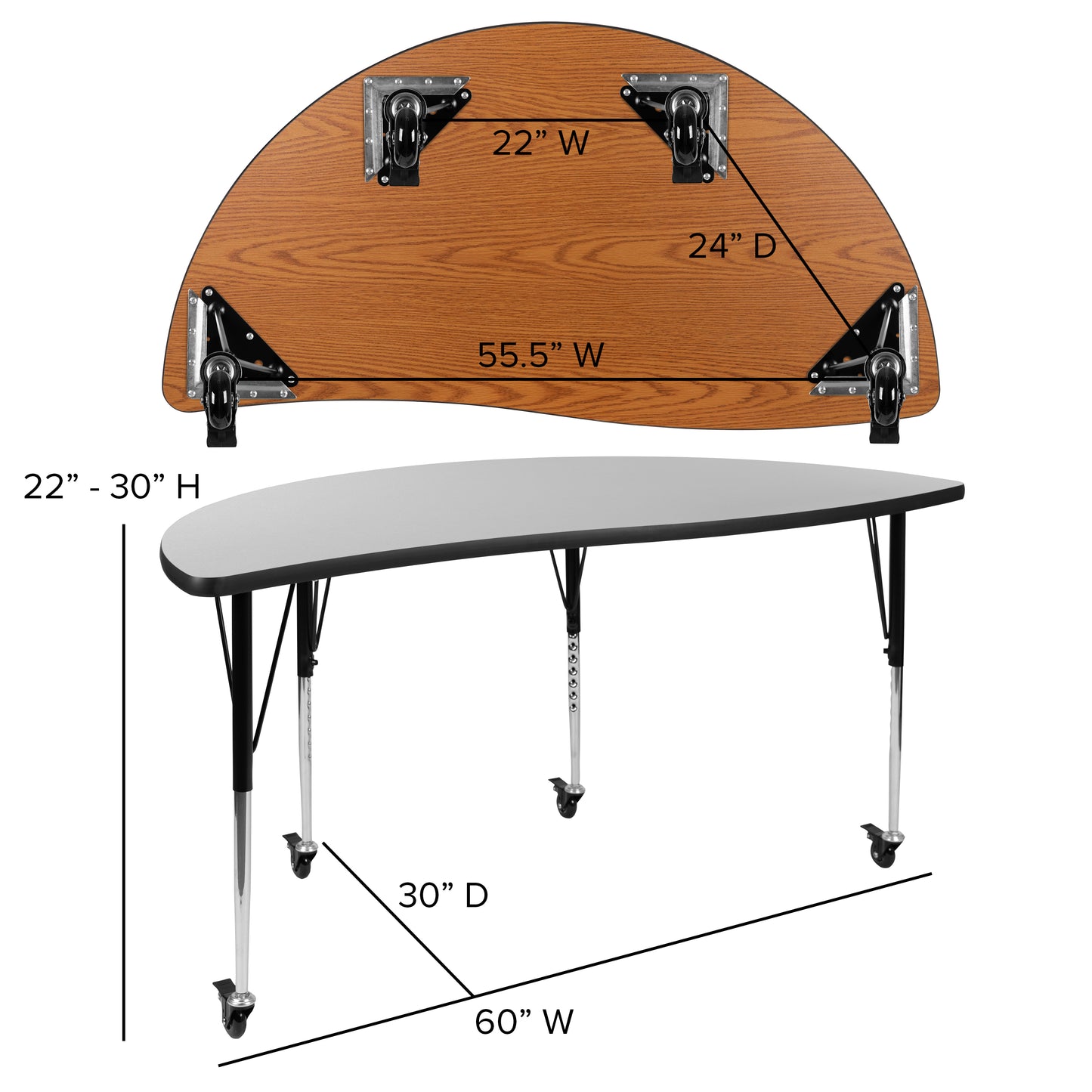 Wren Mobile 60" Half Circle Wave Flexible Collaborative Grey Thermal Laminate Activity Table-Standard Height Adjust Legs