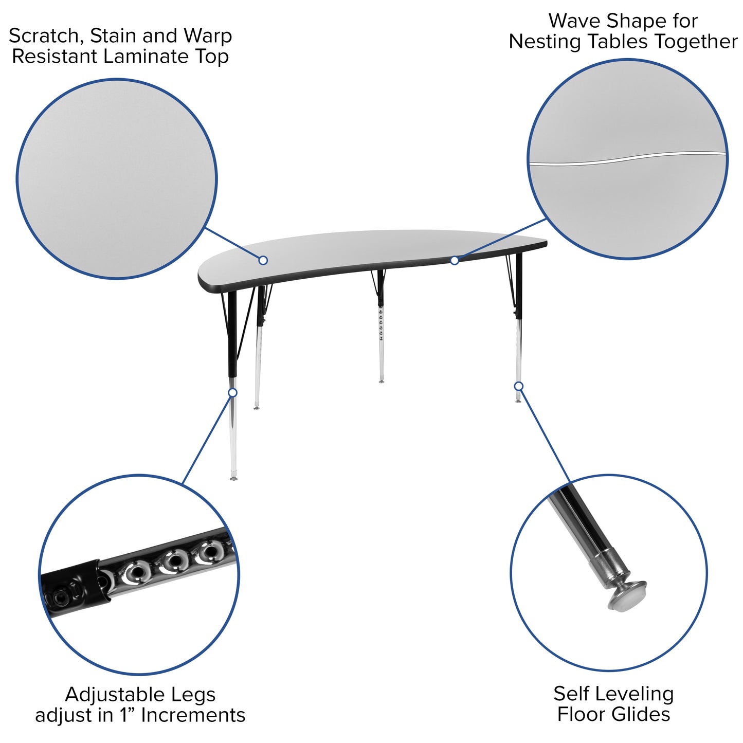 Wren 60" Half Circle Wave Flexible Collaborative Grey Thermal Laminate Activity Table - Standard Height Adjustable Legs