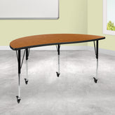 Wren Mobile 60" Half Circle Wave Flexible Collaborative Oak Thermal Laminate Activity Table-Standard Height Adjust Legs