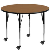 Wren Mobile 60'' Round Oak Thermal Laminate Activity Table - Standard Height Adjustable Legs