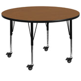 Wren Mobile 60'' Round Oak Thermal Laminate Activity Table - Height Adjustable Short Legs