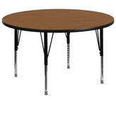 Wren 60'' Round Oak Thermal Laminate Activity Table - Height Adjustable Short Legs