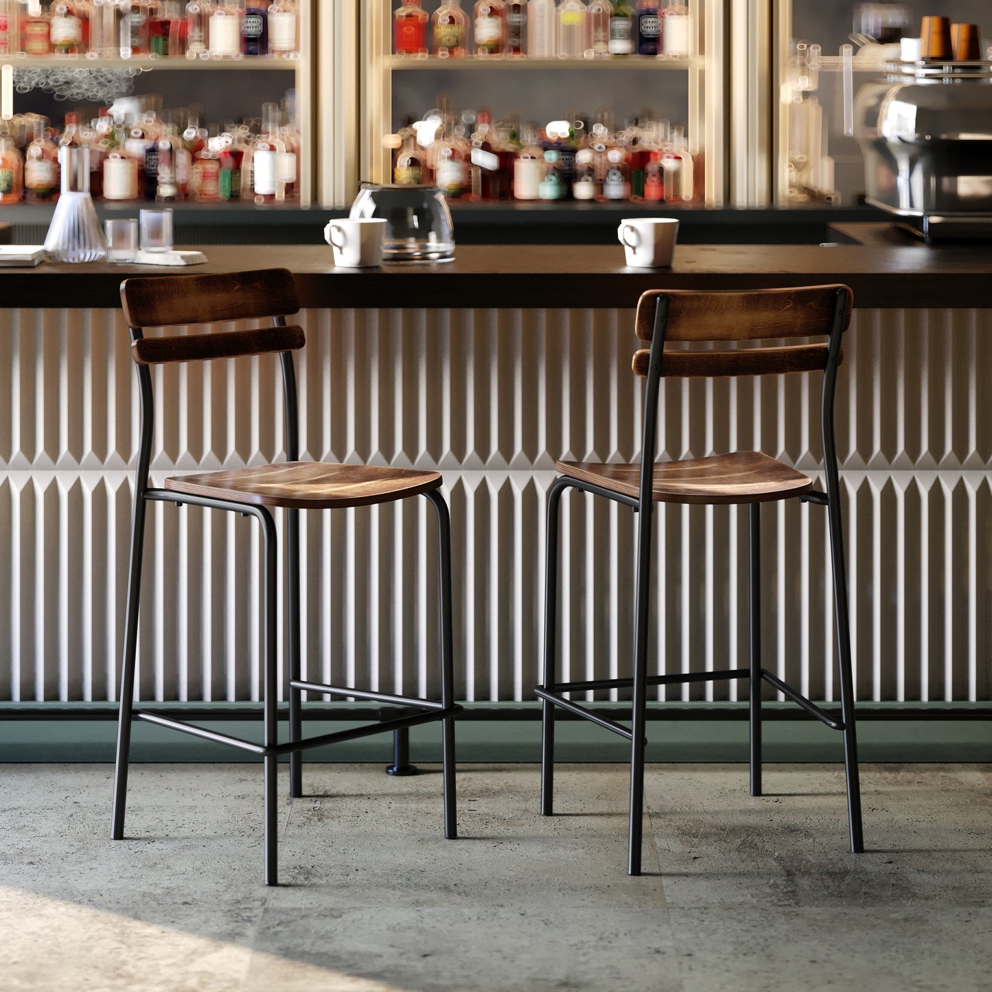 Cyprus Commercial Grade Solid Wood Bar Stool with Black Metal Frame and Antique Copper Finish