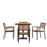 Lark Indoor/Outdoor 5 Piece Patio Dining Table Set - 30" Square Faux Teak Table & 4 Stacking Club Chairs with Teak Accented Arms