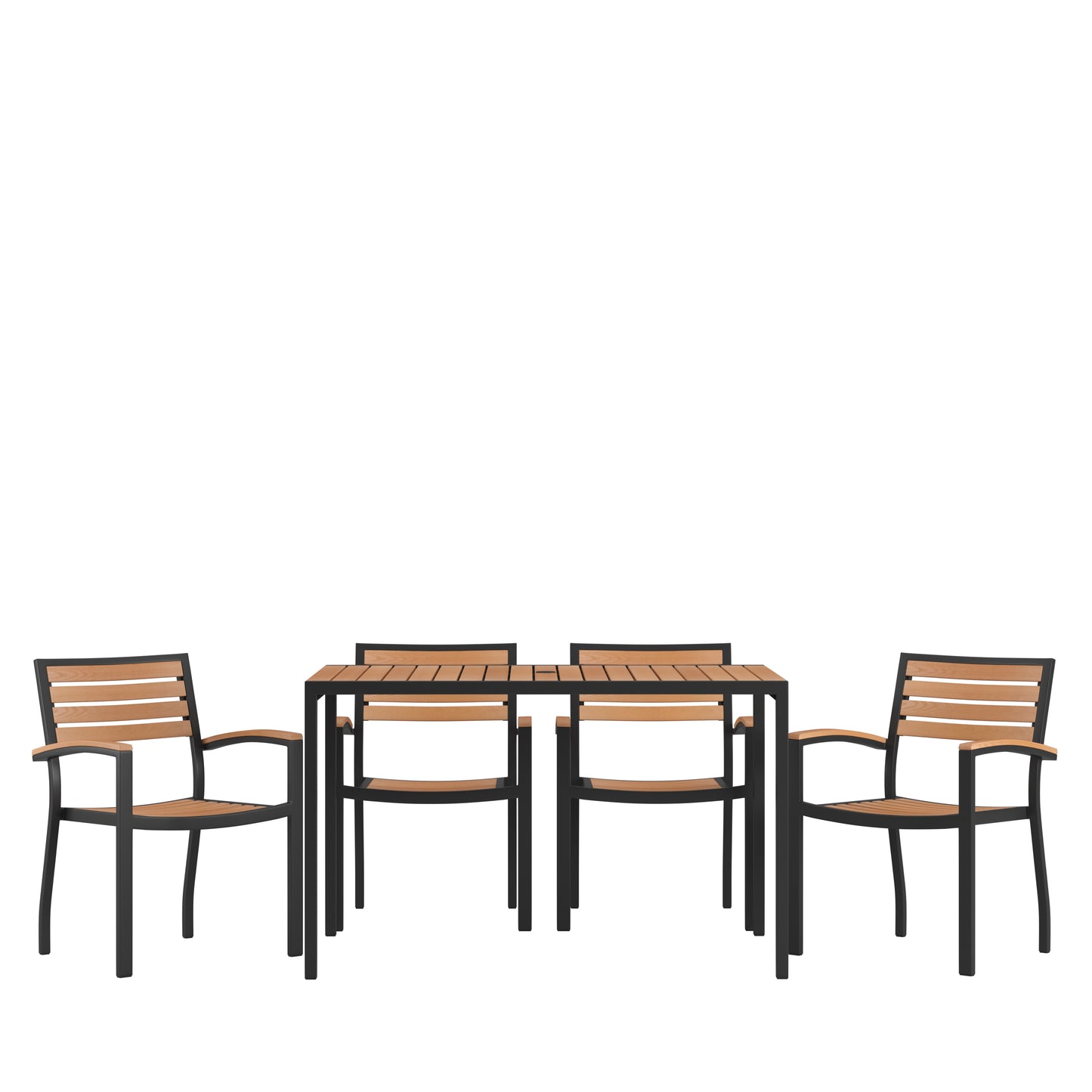 Lark 5 Piece Outdoor Dining Table Set - Synthetic Teak Poly Slats - 30" x 48" Steel Framed Table with Umbrella Hole-4 Club Chairs