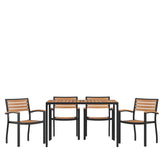 Lark 5 Piece Outdoor Dining Table Set - Synthetic Teak Poly Slats - 30" x 48" Steel Framed Table with Umbrella Hole-4 Club Chairs